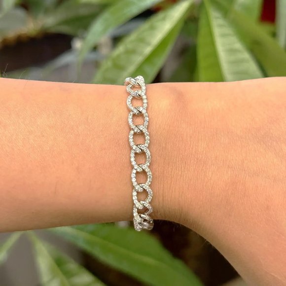 Round Cut Diamond Cuban Link Chain Bracelet 14K White Gold 7 Inches - Picture 1 of 5